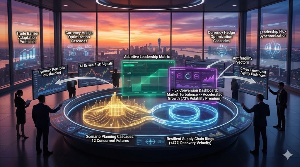  Strategic volatility architecture—golden scenario planning cascades (12 futures mapped), blue resilient supply chain rings (+47% disruption recovery), emerald adaptive leadership matrix, purple flux conversion dashboard transforming market turbulence into 73% accelerated growth trajectories.