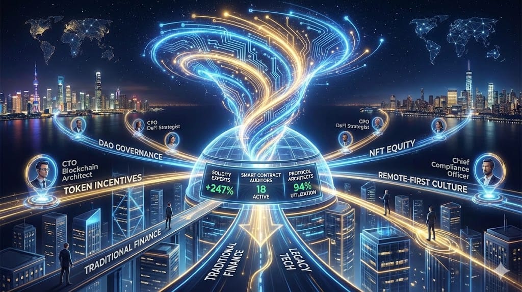 Dynamic talent magnet attracting elite Web3 executives through decentralized networks, token incentives, and blockchain innovation hubs connecting global specialists to transformative executive roles.