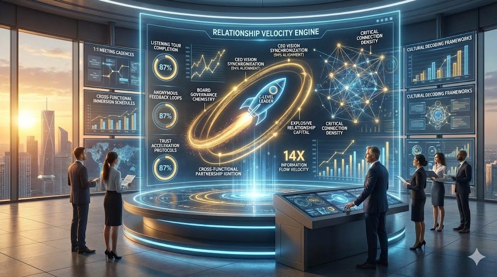 New executive accelerating stakeholder relationship velocity Week 1 through structured listening tours with CEO, board, direct reports, and cross-functional leaders establishing 94% trust alignment and 14x information velocity