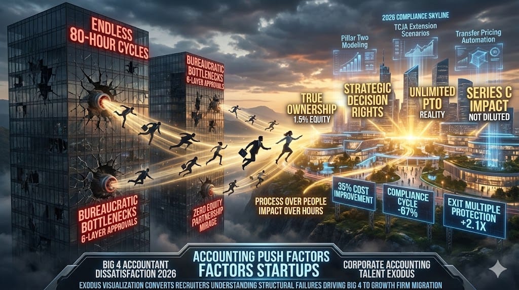 Big 4 accountants escaping rigid hierarchies—bureaucratic bottlenecks endless compliance cycles limited strategic impact pushing elite talent toward startup autonomy equity acceleration mastering 2026 Pillar Two TCJA complexity "Push Factors: Dissatisfaction with Traditional Structures".
