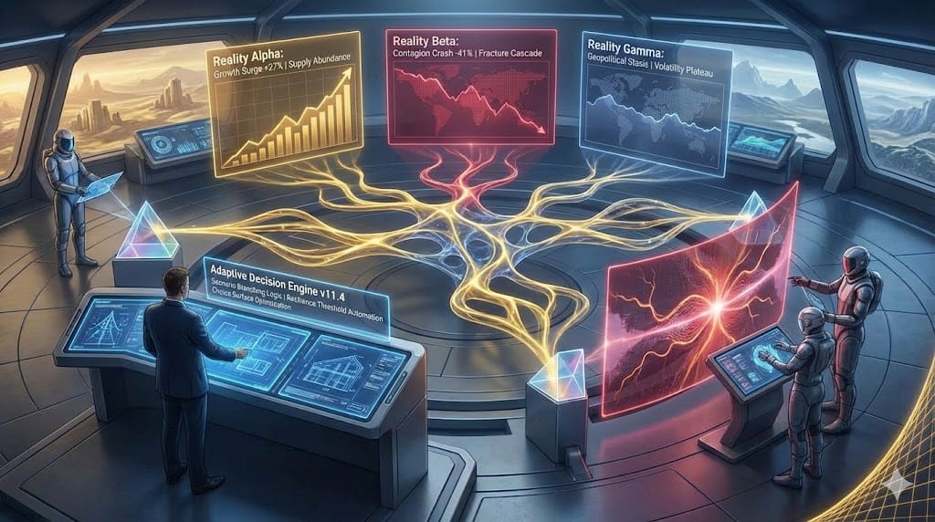 Strategic foresight team crafting adaptive decision frameworks for multiple future scenarios—dynamic architecture flexing across parallel realities, scenario branching, and resilient choice pathways ensuring enterprise agility.