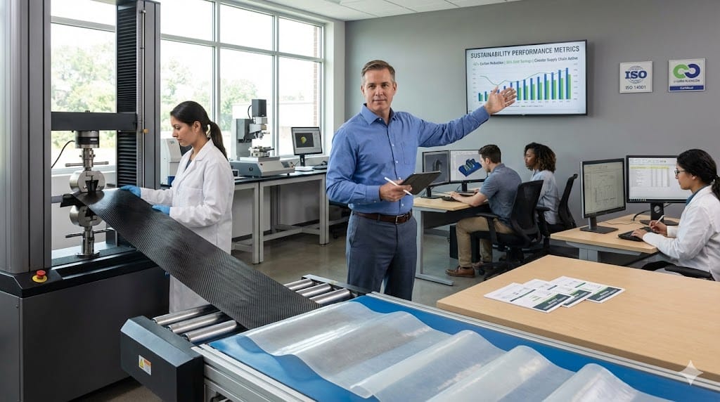 Engineering executive leading sustainable materials team in modern lab—overseeing carbon fiber composites testing, recycled polymer processing, and lifecycle analysis for net-zero manufacturing goals .