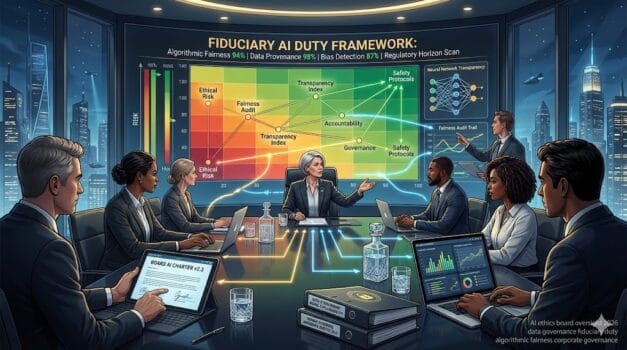 Boardroom directors conducting AI ethics oversight review—digital dashboards monitoring algorithmic fairness, data governance compliance, and fiduciary risk mitigation during strategic technology governance session.