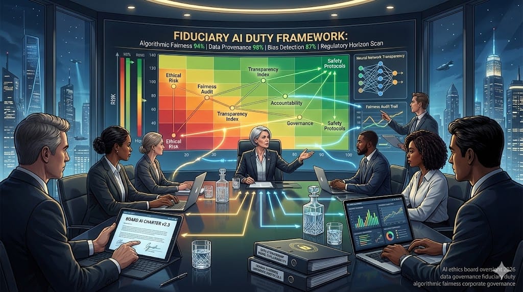 Boardroom directors conducting AI ethics oversight review—digital dashboards monitoring algorithmic fairness, data governance compliance, and fiduciary risk mitigation during strategic technology governance session.