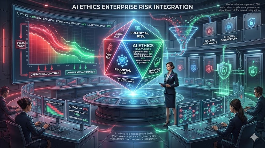 Enterprise risk management dashboard integrating AI ethics into compliance frameworks—real-time monitoring of algorithmic bias detection, data privacy controls, and governance risk scoring across organizational risk registers.