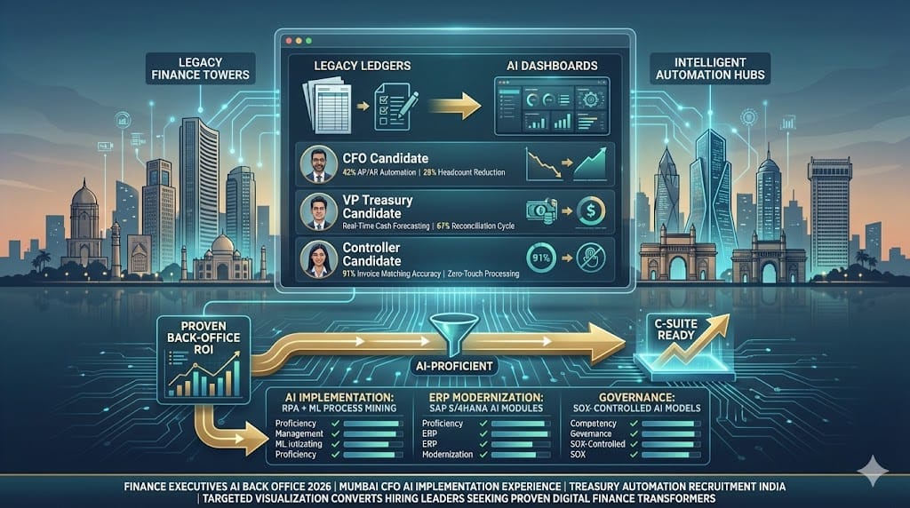 Recruiter sourcing finance executives with proven AI back-office transformation experience—targeting leaders who delivered 42% AP/AR automation, 67% reconciliation cycle reduction, real-time treasury integration for 2026 Mumbai enterprises