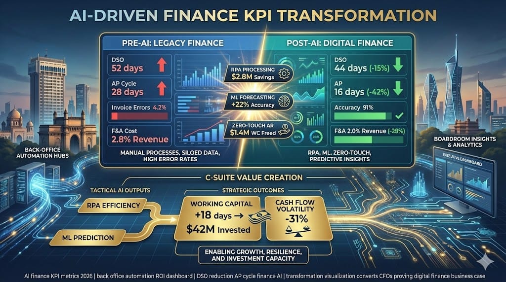 Finance AI transformation dashboard quantifying back-office impact—42% AP/AR cycle reduction, 91% invoice matching accuracy, 28% F&A headcount optimization, DSO -15 days driving working capital efficiency 2026