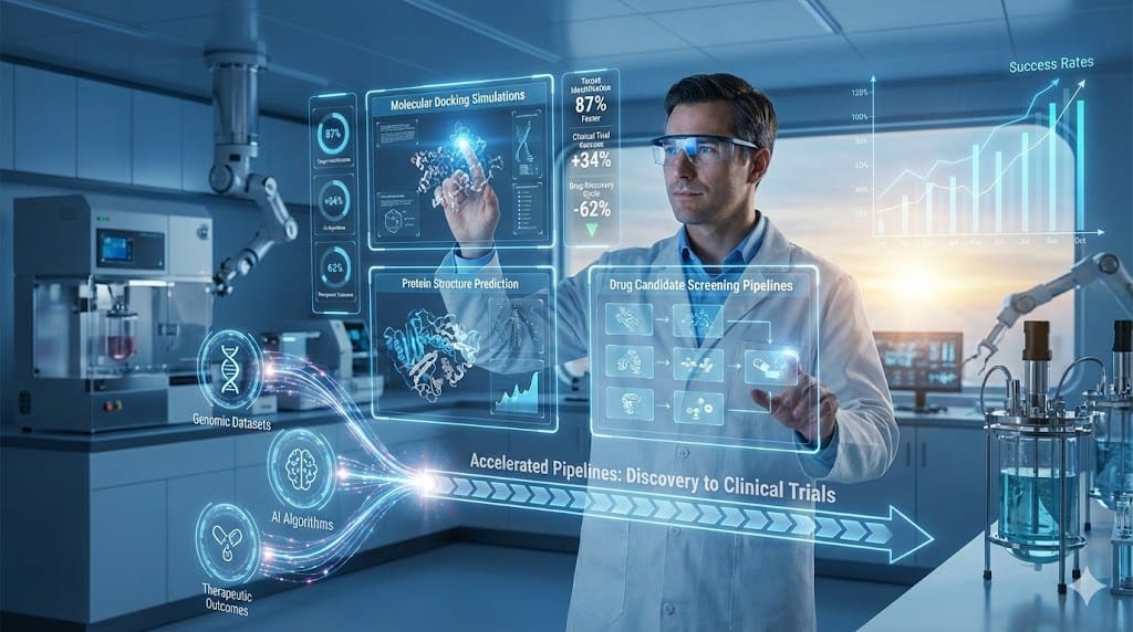 Therapeutics leader gaining essential AI fluency—mastering machine learning drug discovery protein folding predictions clinical trial optimization accelerating novel treatments from lab to market through intelligent data platforms.