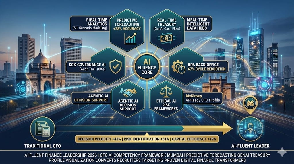AI-fluent finance leadership competency framework 2026—core skills matrix showing CFOs mastering predictive forecasting +28% accuracy, real-time treasury AI integration, SOX-compliant GenAI governance for Mumbai enterprises 
