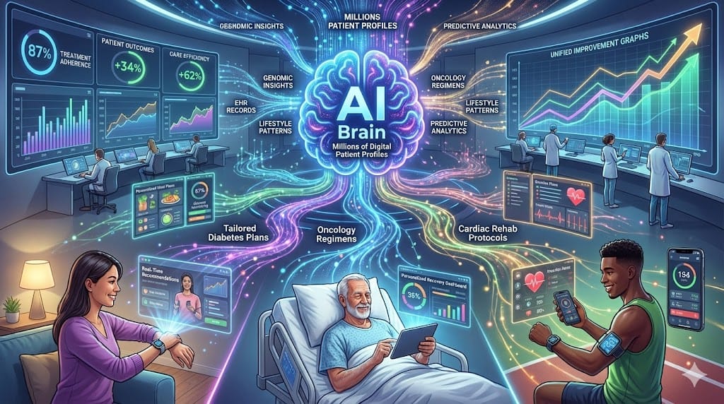 AI orchestrating personalized care at massive scale—real-time treatment recommendations tailored to individual patient profiles delivered across hospital networks telehealth platforms wearables optimizing outcomes across millions simultaneously.