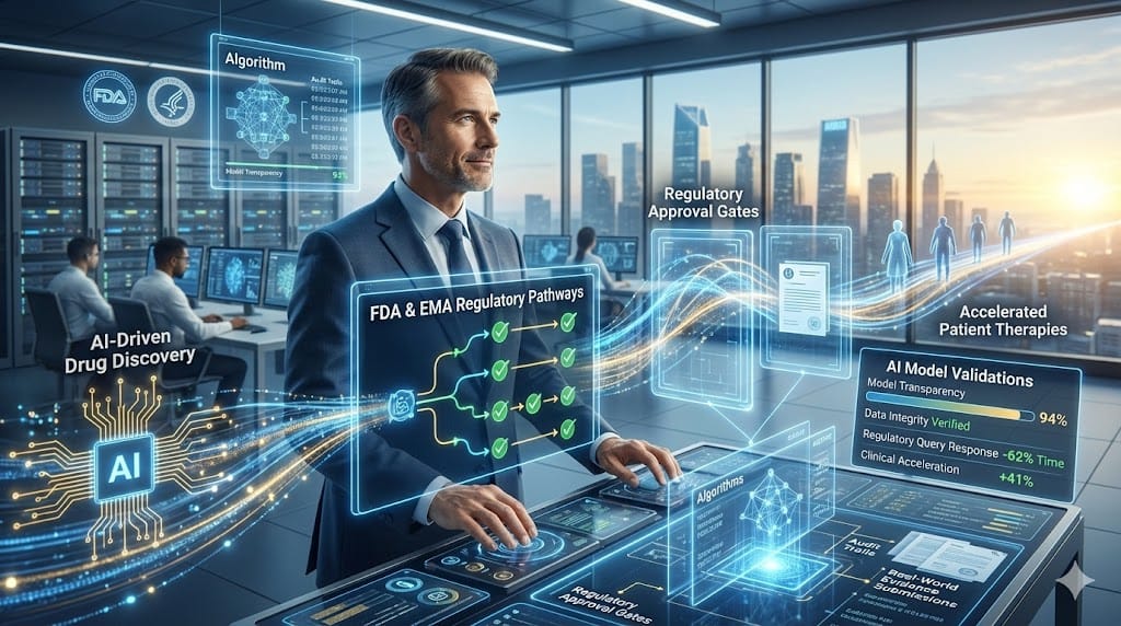  Therapeutics executive navigating complex regulatory waters in AI-augmented drug development—balancing FDA EMA compliance with machine learning validation transparency data integrity accelerating innovative treatments through intelligent oversight.