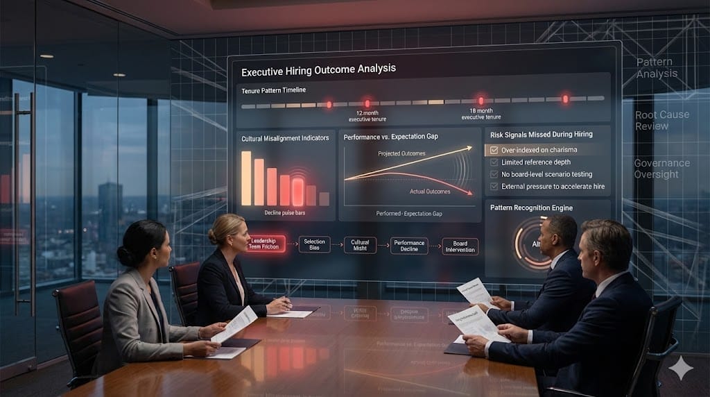 Executive board analyzing visual breakdown of hiring failure patterns with animated performance decline indicators and risk mapping dashboard