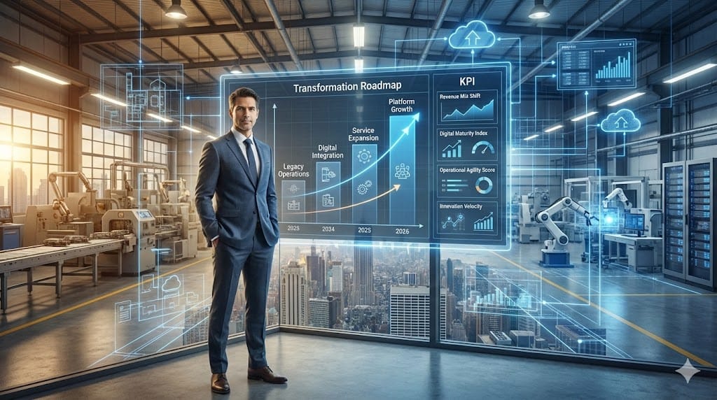 Visionary CEO standing at the center of digital and industrial transformation strategy with strategic roadmap and innovation dashboards.