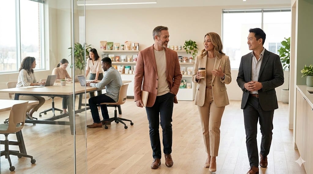 Executive candidate walking through a food and beverage headquarters with leadership team, engaged in conversation to assess cultural alignment.