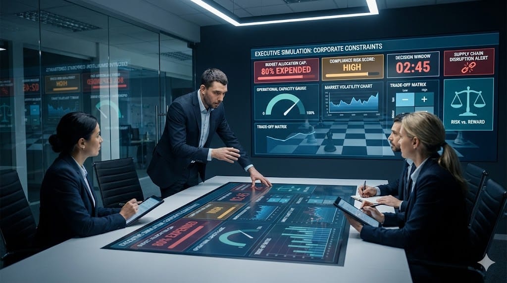 Executive candidate participating in a high-level assessment center simulation with corporate constraint dashboards showing budget limits, regulatory pressures, and strategic trade-off scenarios.