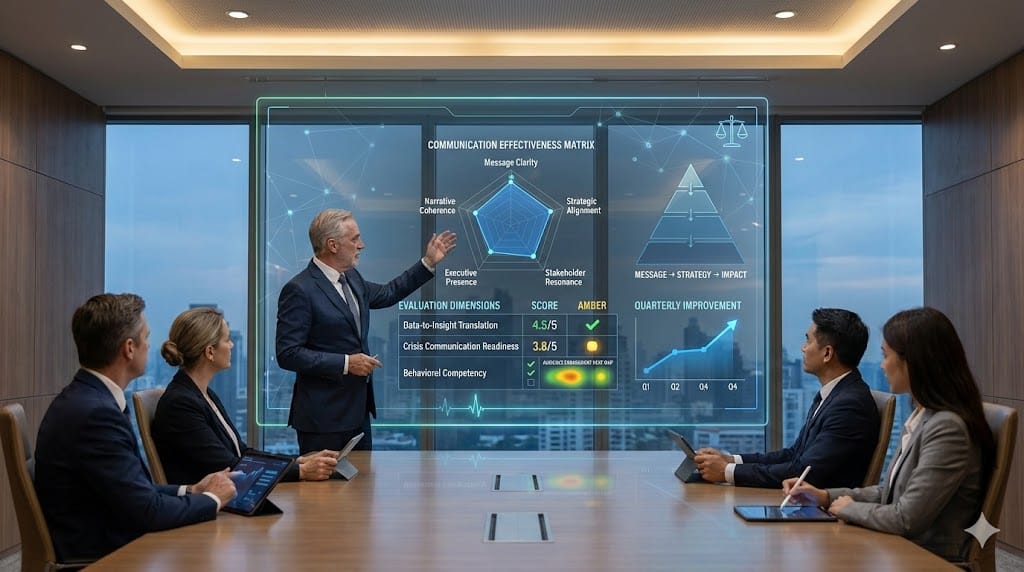Board evaluating executive communication effectiveness using a structured assessment framework dashboard with scoring matrices, feedback metrics, and leadership communication indicators.