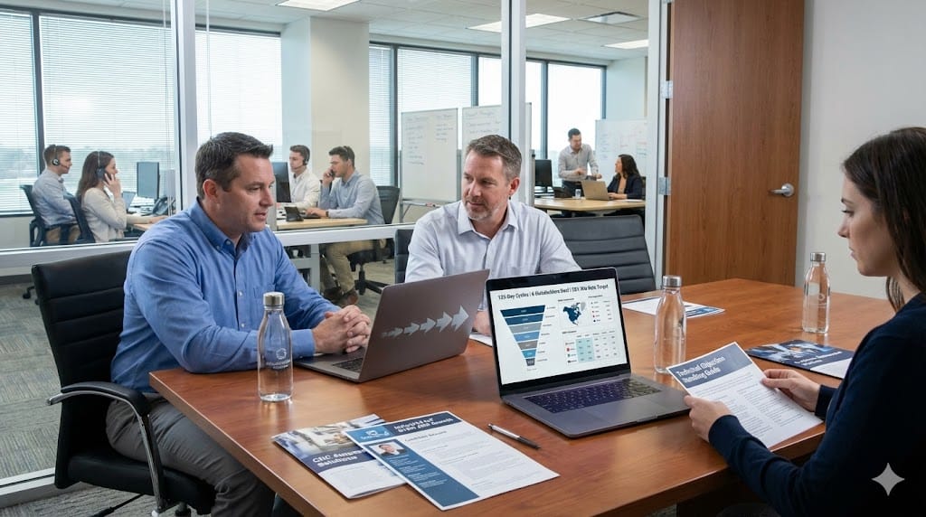 Sales director interviewing VP Commercial candidate for B2B industrial technology firm—discussing 6-month sales cycles, technical solution selling, and account-based marketing strategies during strategy session with product engineering support .