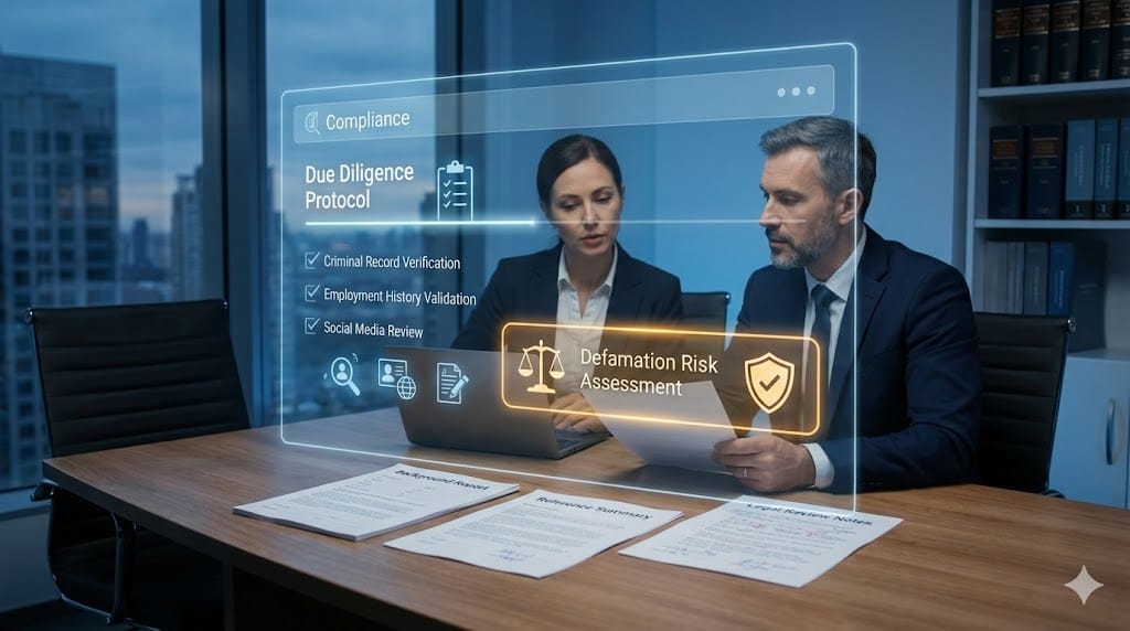Corporate legal and HR team reviewing executive background check data with animated risk indicators highlighting potential defamation and compliance exposure.