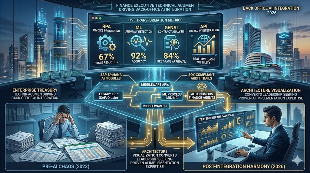 Finance leader demonstrating technical acumen for back-office AI integration—mastering RPA invoice processing 67% cycle time reduction, ML anomaly detection 92% accuracy, API-driven real-time treasury for 2026 enterprise transformation