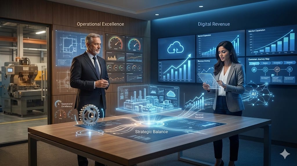 Industrial leadership team combining experienced industry veterans and modern growth specialists with dynamic strategy visuals in a corporate setting.