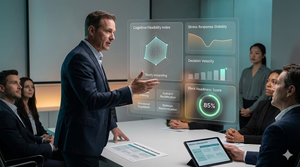 Executive leader evaluated against behavioral agility metrics with dynamic leadership trait indicators and adaptive decision-making analytics.