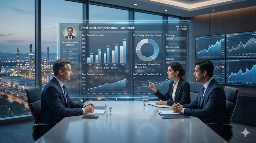 Executive compensation benchmarking dashboard comparing total cash compensation for operations leaders with performance analytics.