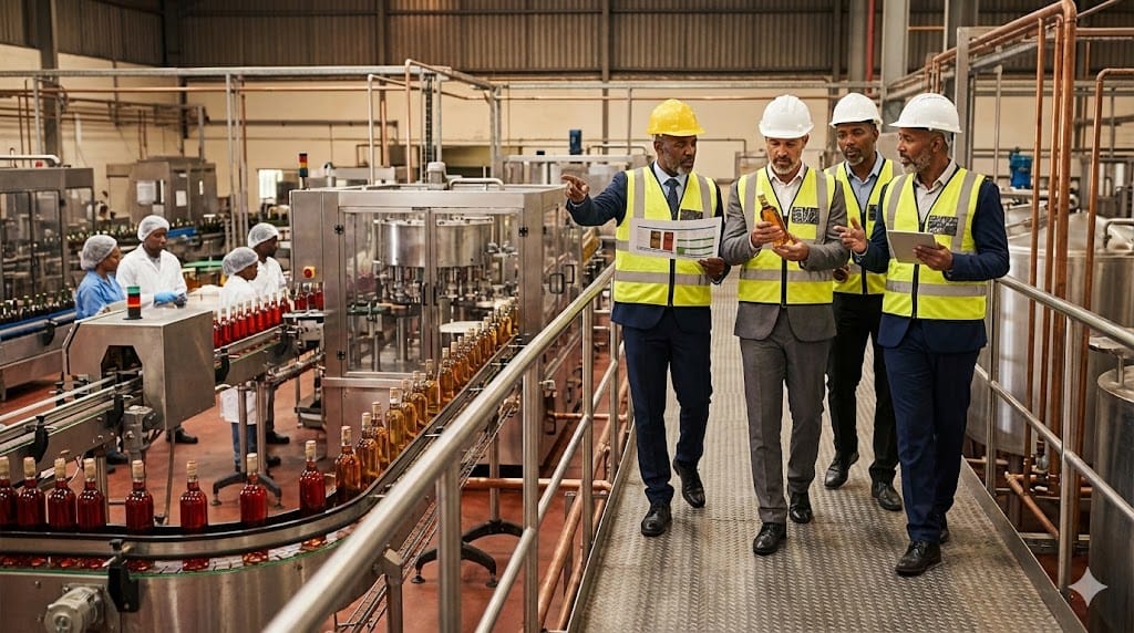 Senior beverage industry executives walking through a modern bottling facility discussing growth strategy, with active production lines and packaged drinks moving along conveyors in the background.