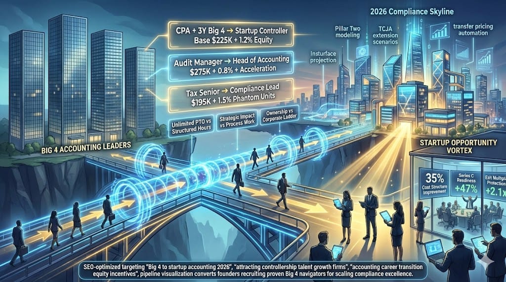 Strategic talent bridge connecting Big 4 accounting experts to high-growth startups—visualizing equity incentives career acceleration autonomy luring top controllership talent mastering 2026 compliance complexity "Scaling Leadership: From Big 4 to Startup: Attracting Top-Tier Accounting Talent to Growth Firms".