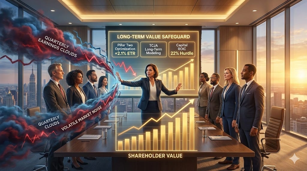 Resolute board rejecting short-term quarterly pressures—finance guardian blocking distractions to protect long-term shareholder value through disciplined Pillar Two TCJA strategies capital allocation focus beyond immediate earnings noise.