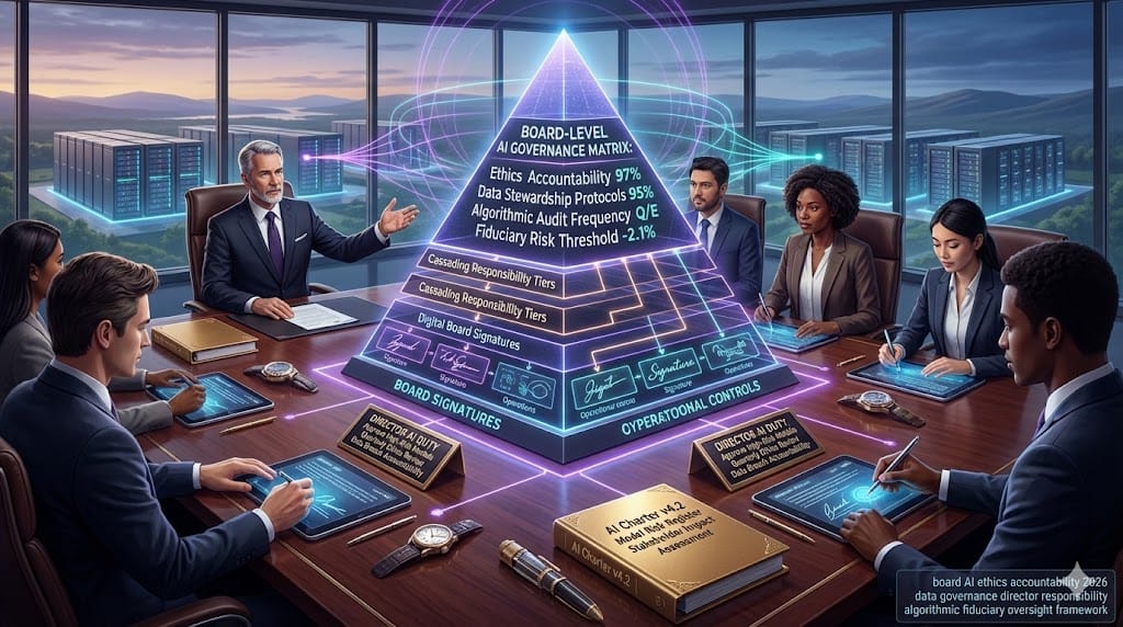 Board directors establishing AI ethics accountability framework—defining governance protocols for algorithmic decision-making, data stewardship responsibilities, and fiduciary oversight of enterprise AI deployments.