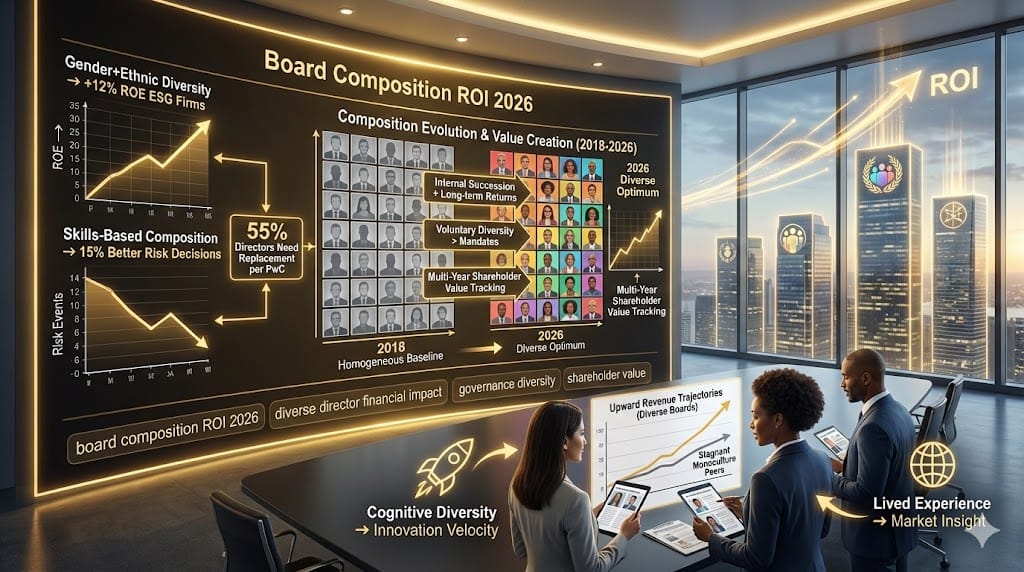 Corporate board dashboard measuring long-term composition ROI—diverse director mix correlation with 12% higher ROE, improved risk oversight, 2026 governance benchmarks linking diversity to shareholder value.