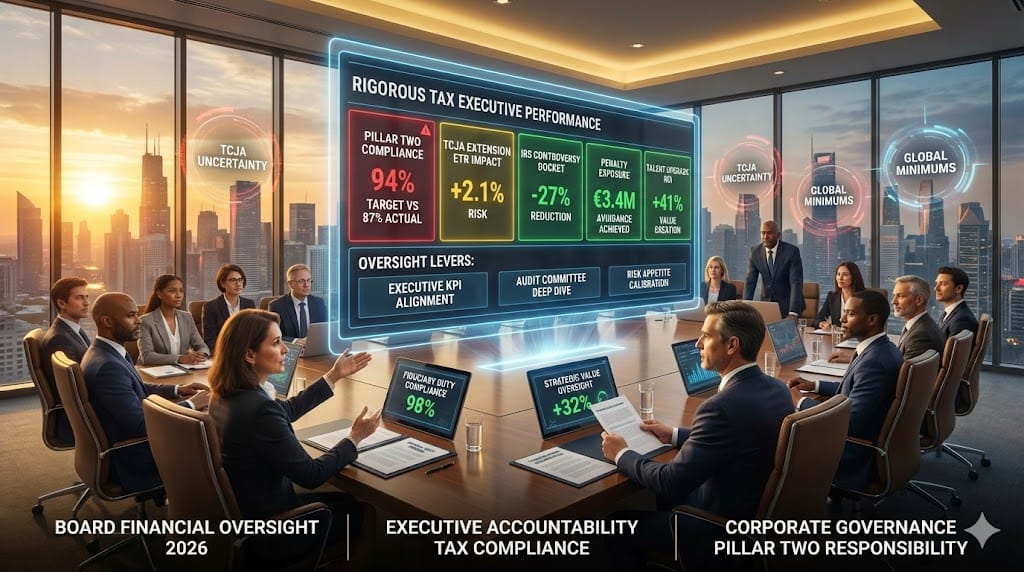 Corporate board exercising 2026 financial oversight—reviewing tax executive accountability dashboards tracking Pillar Two TCJA compliance ETR performance risk metrics ensuring fiduciary duty "The Board's Role in Financial Oversight and Executive Accountability".