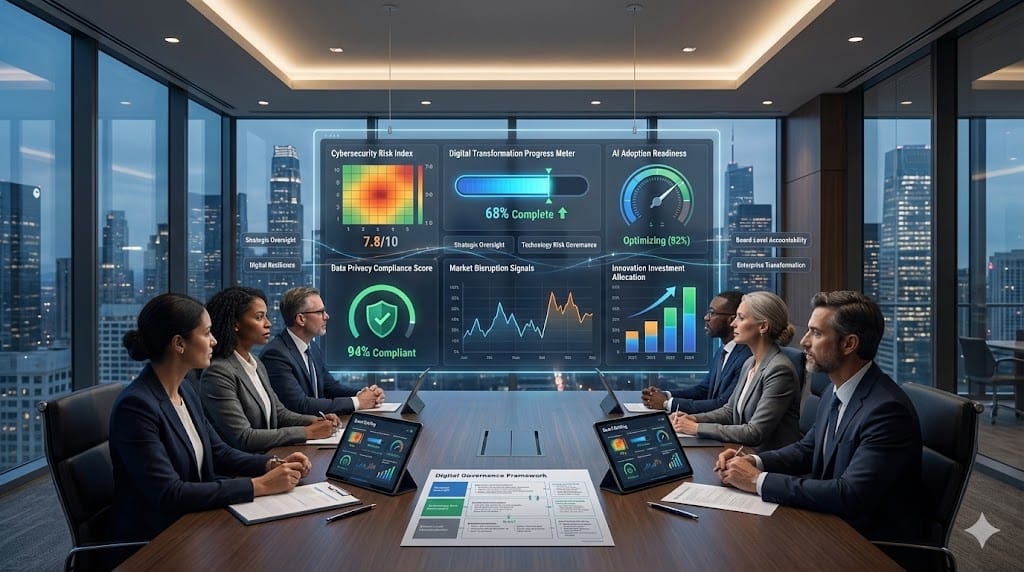 Corporate board of directors reviewing digital disruption strategy with real-time transformation metrics and governance oversight dashboard.