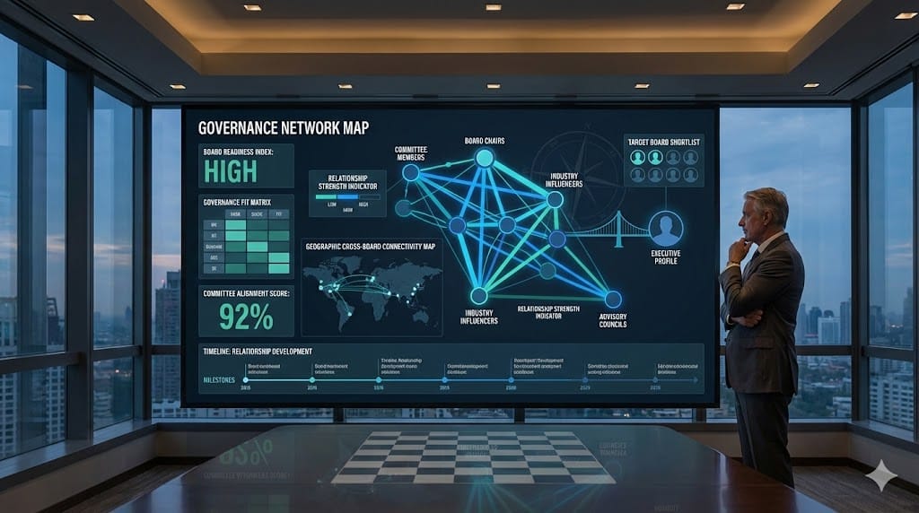 Senior executive mapping board relationships and governance networks using a strategic connection dashboard in a modern corporate setting.