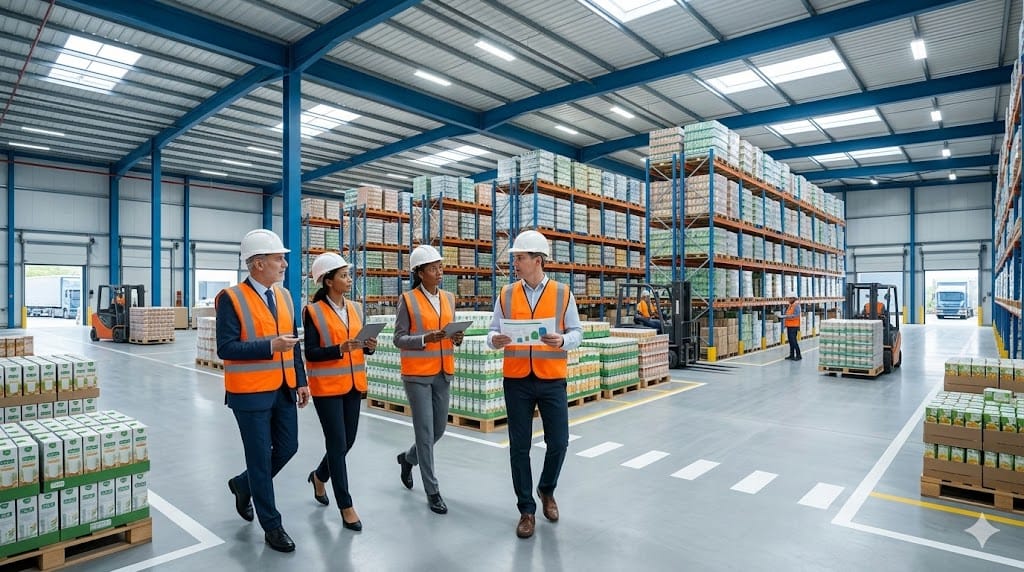 Board members touring a large food and beverage distribution center while a supply chain leader explains logistics operations and performance metrics.