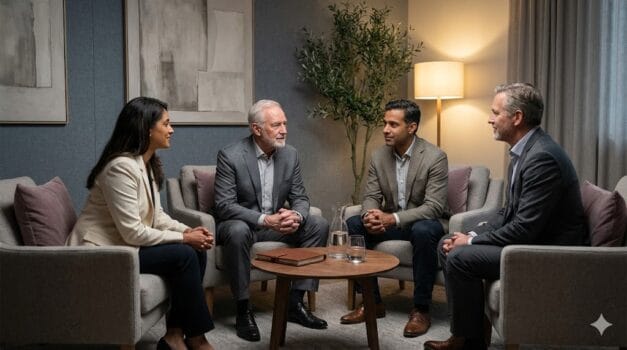 Corporate board members engaged in a supportive discussion with a senior executive about well-being and burnout prevention in a calm, professional setting.
