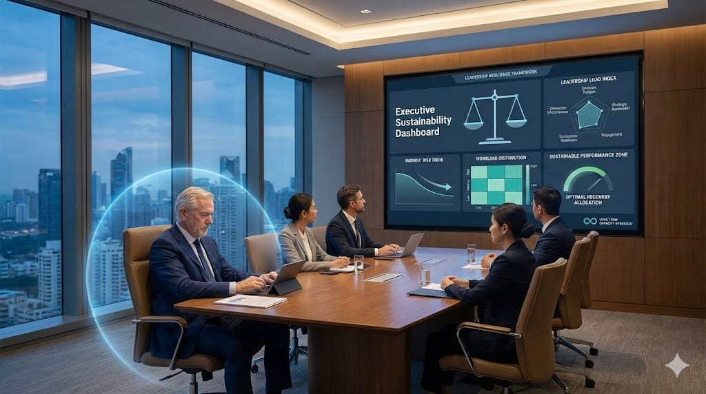 Corporate board reviewing executive workload and well-being dashboard metrics focused on burnout risk, performance sustainability, and leadership resilience in a modern boardroom setting.