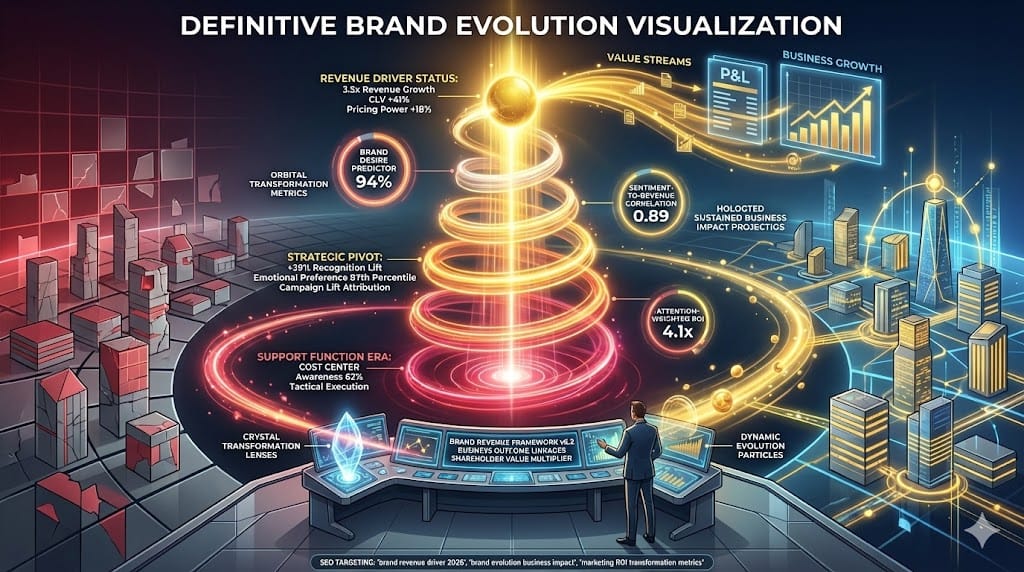 Brand organization transforming from support function to revenue driver—strategic evolution dashboard showing +39% brand recognition lift, 3.5x revenue growth from brand-experience alignment, and customer lifetime value expansion. 