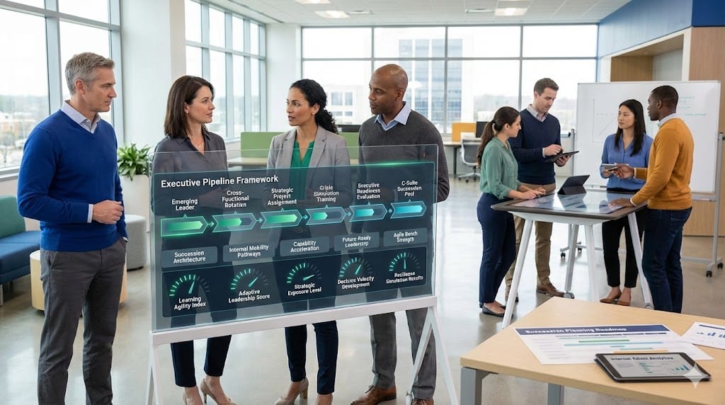 Internal leadership development framework showing emerging executives progressing through an agile pipeline with dynamic capability growth indicators.