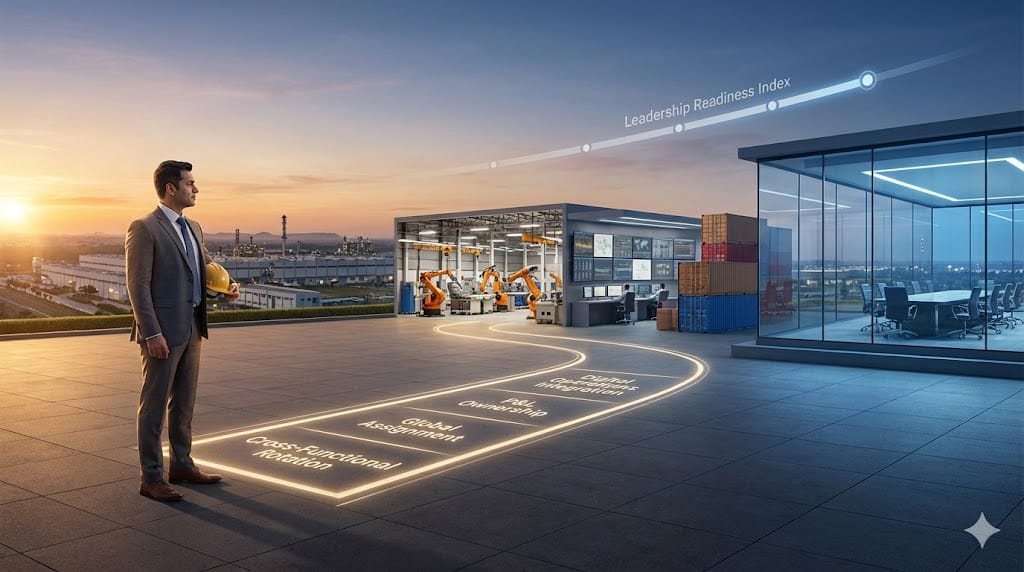 Industrial leadership development pathway connecting plant operations and global strategy roles to build long-term hybrid executive experience.