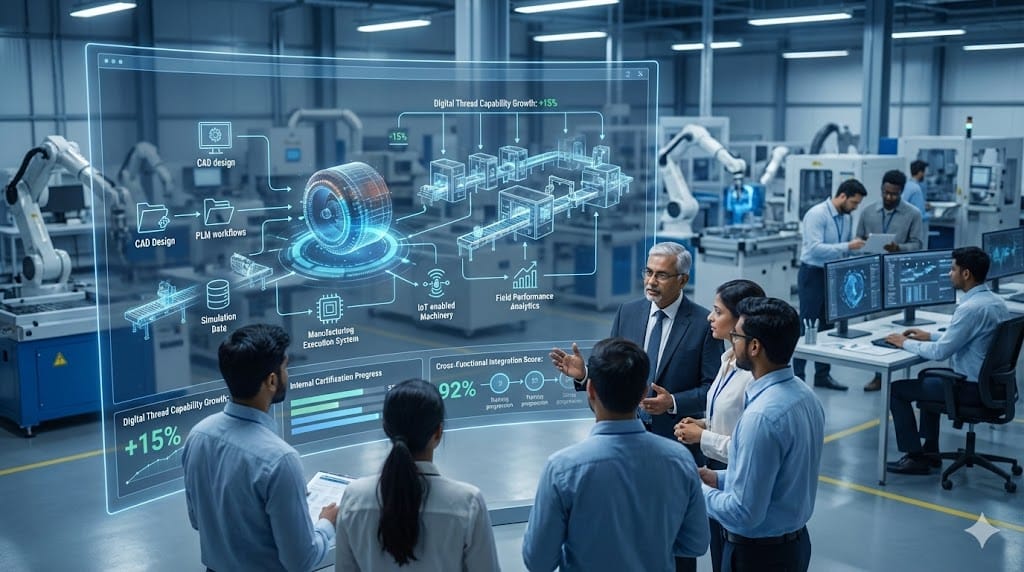 Manufacturing organization developing internal digital thread expertise through connected engineering, PLM systems, and smart factory collaboration.v