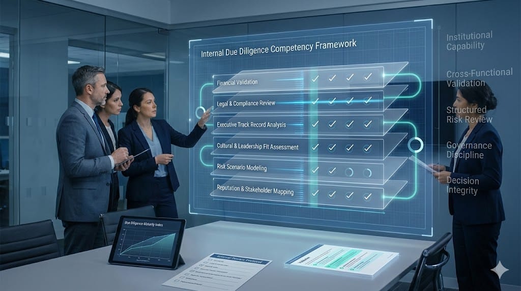 Corporate governance team reviewing a layered internal due diligence framework with animated verification workflows and risk validation checkpoints.