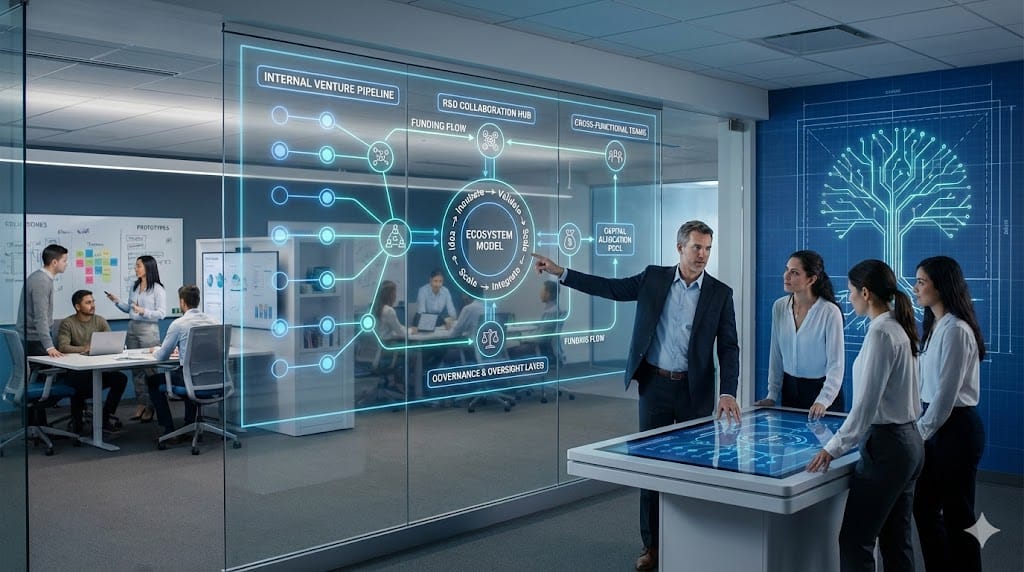 Corporate leadership team building an internal innovation ecosystem with connected departments, venture pipelines, and collaboration networks supporting intrapreneurial executives after hire.