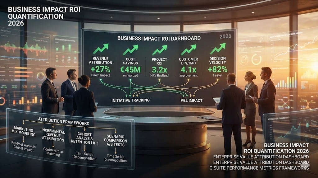 Executive team reviewing comprehensive business impact ROI dashboard—real-time metrics showing 27% revenue uplift 3.2x project returns cost savings attribution driving strategic decision-making 2026 "Quantifying Business Impact and ROI".