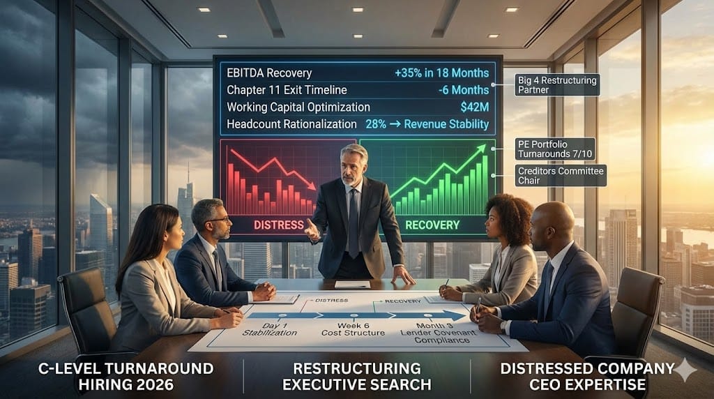 Confident C-level turnaround specialist reviewing restructuring playbook in boardroom—metrics showing 35% EBITDA recovery, Chapter 11 navigation expertise, operational transformation for 2026 corporate distress situations "Hiring for Turnaround and Restructuring Expertise at the C-Level".