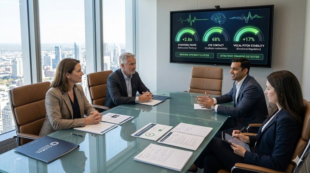 Executive search partner observing C-suite candidate's behavioral signals during high-stakes interview—micro-expressions, body language, and response patterns revealing strategic thinking, emotional intelligence, and cultural fit under boardroom scrutiny.