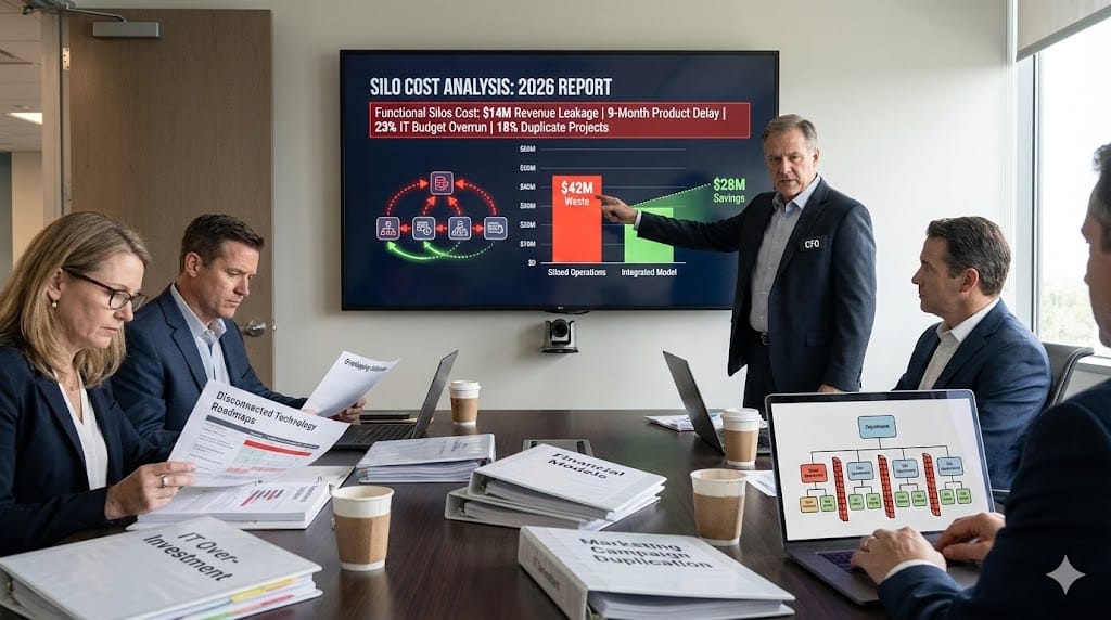 C-suite executives analyzing financial impact of functional silos—shared dashboard reveals $14M annual revenue leakage from misaligned technology investments, delayed product launches, and suboptimal resource allocation .