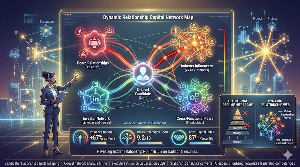 Executive search recruiter mapping C-level candidate relationship capital—visual network analysis showing influence strength, cross-industry connections, and stakeholder trust capital for networked leadership hiring 2026 "Mapping Candidate Relationship Capital