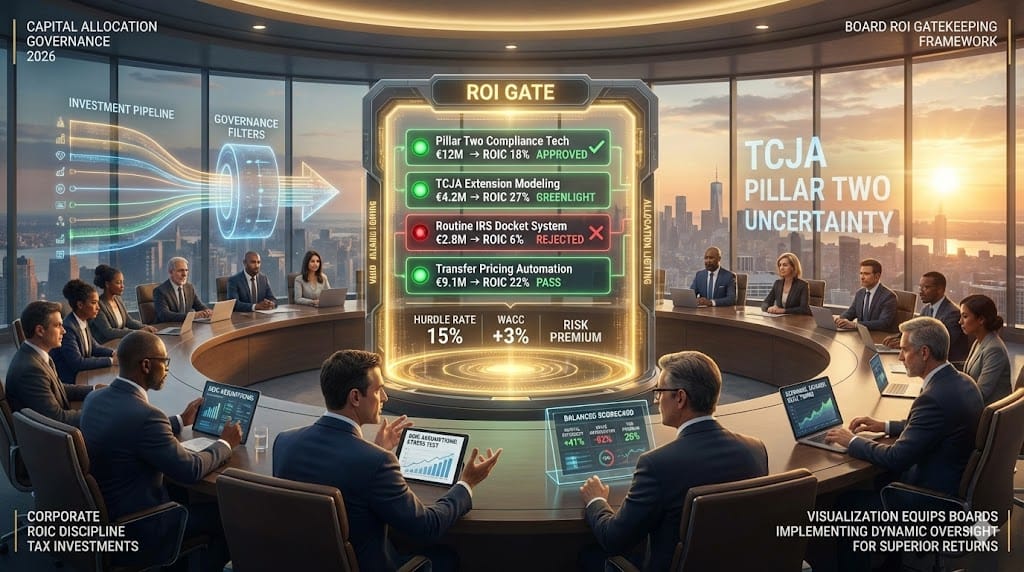 Board enforcing capital allocation governance—ROI gatekeepers rejecting low-return tax compliance projects approving high-value Pillar Two optimization initiatives ensuring disciplined 2026 investment discipline "Capital Allocation Governance and ROI Gatekeeping".