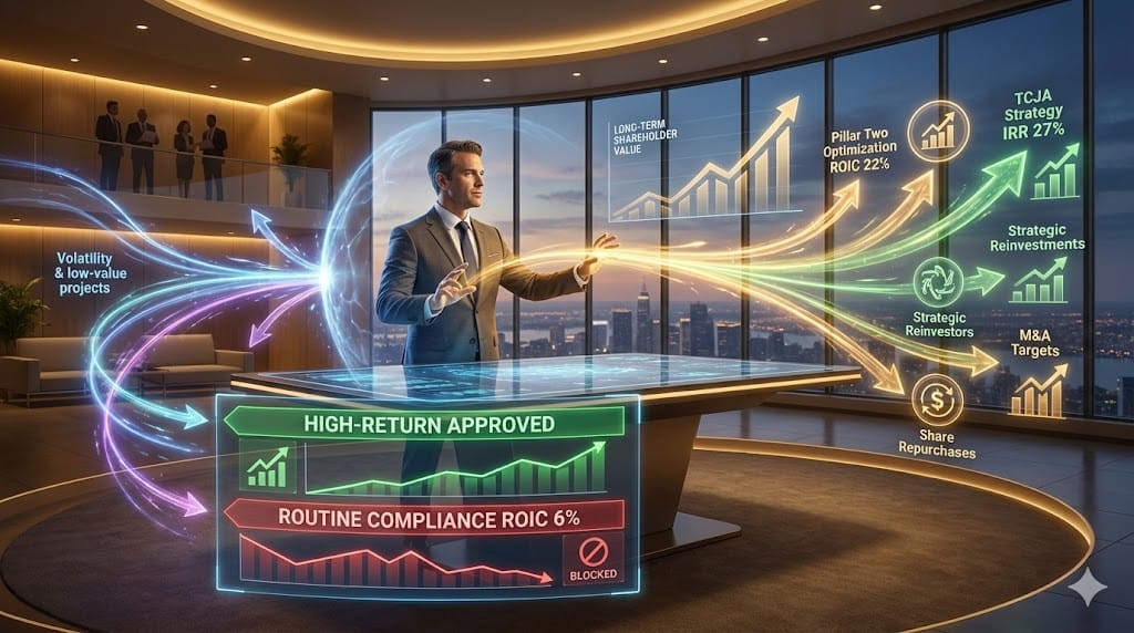 Finance leader directing capital flows as shareholder wealth maximizer—strategically allocating resources to high-ROIC Pillar Two optimization rejecting low-return compliance ensuring disciplined 2026 investment delivering superior long-term returns.